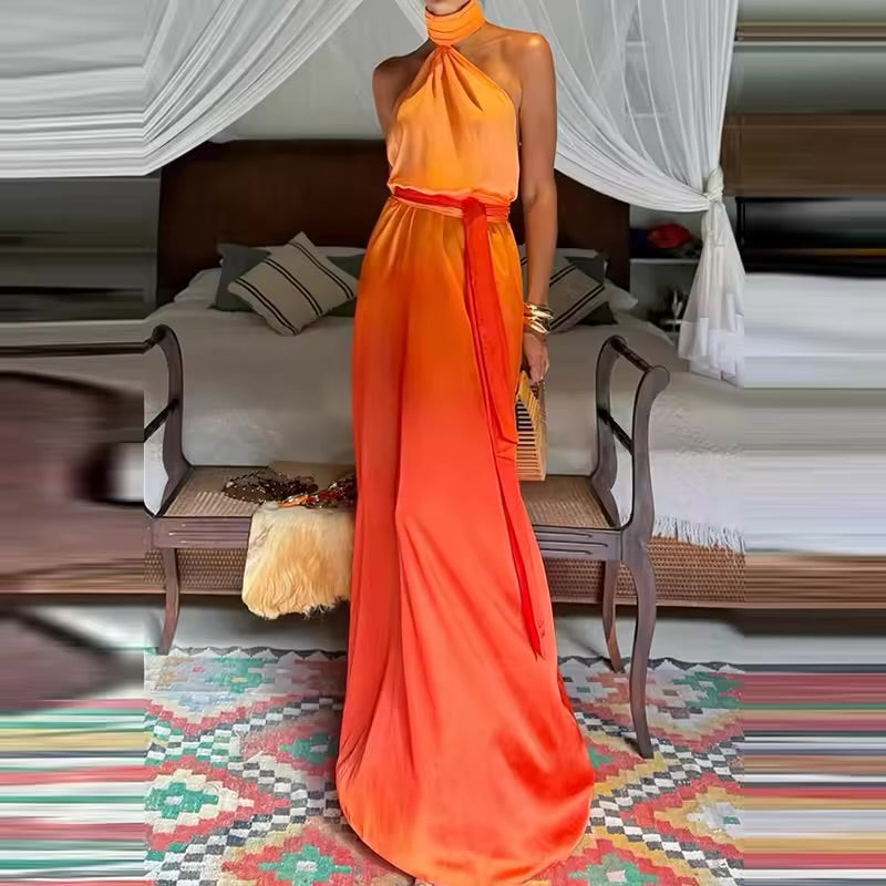 Casual verão sem mangas magro vestido de praia gradiente impresso sem costas oco vestido de férias senhora sexy halter cintura alta robe vestido.