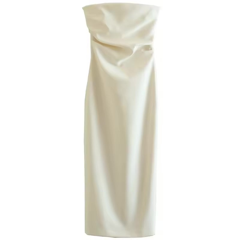Hxao 2025 vestidos femininos sem alças, verão, off white, preto, branco, midi, babados, ombro de fora, costas nuas, vestidos de baile 066