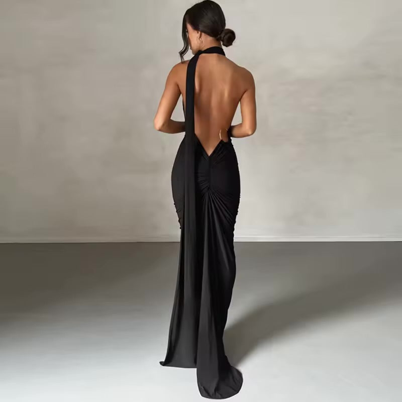 Dulzura um ombro sem costas ruched magro fita vestido longo feminino sólido sexy elegante vestido de festa à noite clube baile verão outfit