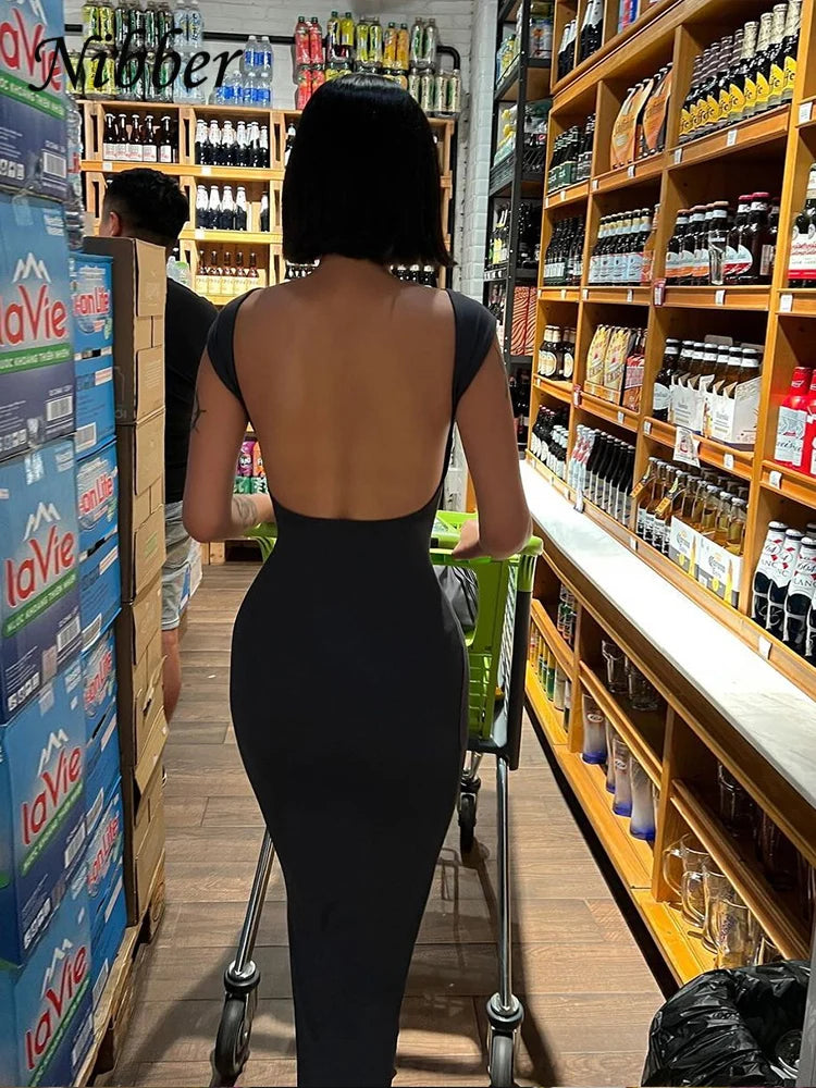 Nibber-Vestido maxi monocromático sexy sem costas feminino, elástico elegante, fino, manga curta, bodycon feminino, roupa de streetwear
