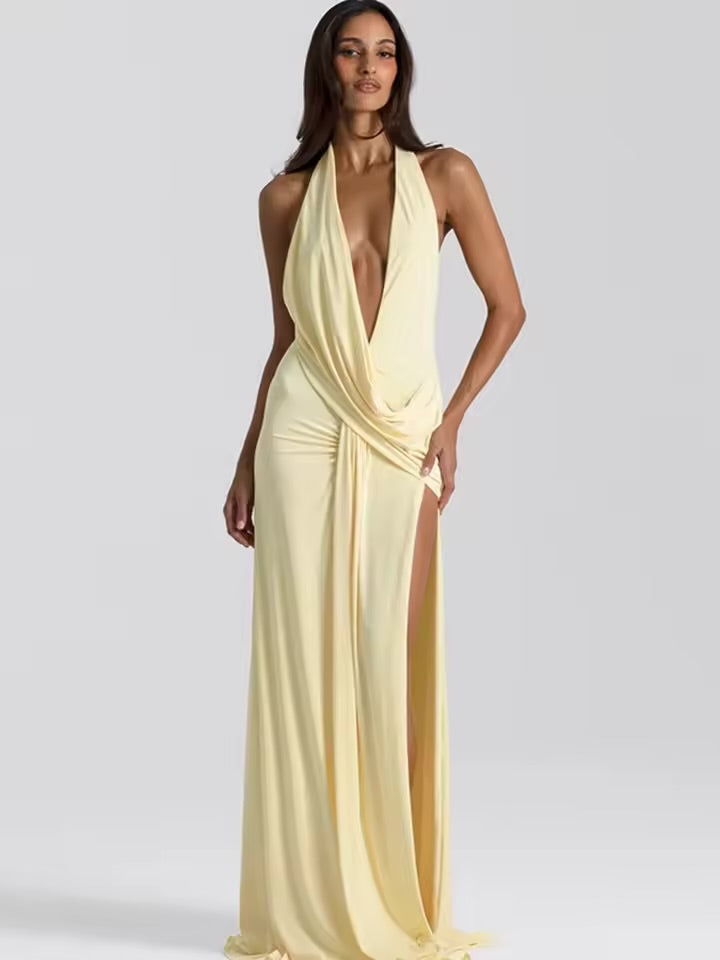 Mozision halter profundo decote em v sem costas sexy maxi vestido feminino moda irregular sem mangas coxa alta divisão clube vestidos de festa