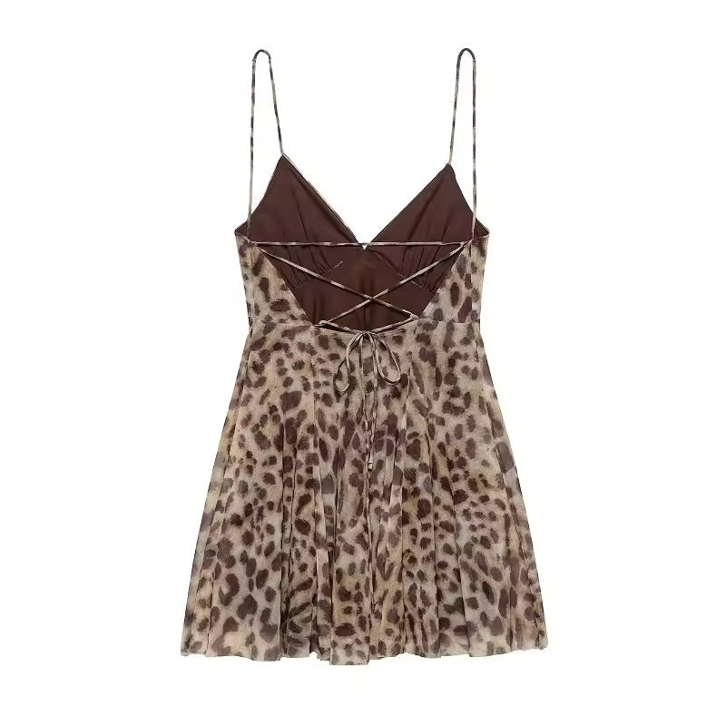 Muyer 2025 tule mini vestido mulher leopardo impressão deslizamento vestido feminino sexy sem costas vestidos curtos para mulheres vestidos de festa drapeados