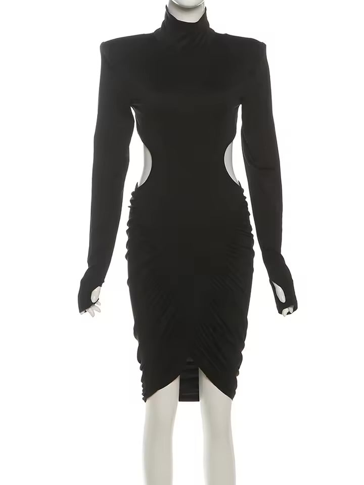 Sisterlinda Ruched vestido elegante feminino outono gola alta manga cheia sem cintura oca sem costas rua sexy moda mini bodycon
