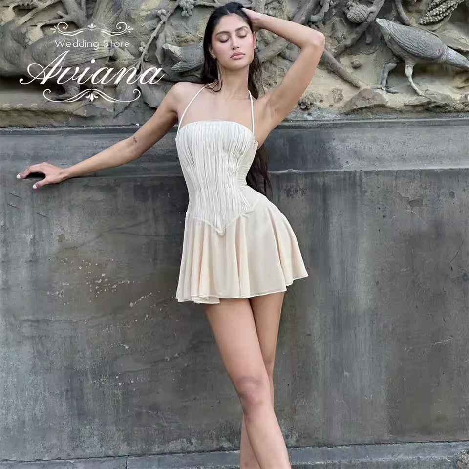 2/2 4 Aviana personalizado vestido curto feminino elegante moda ruched espartilho design sem mangas sem costas tule saia nupcial a linha 2025