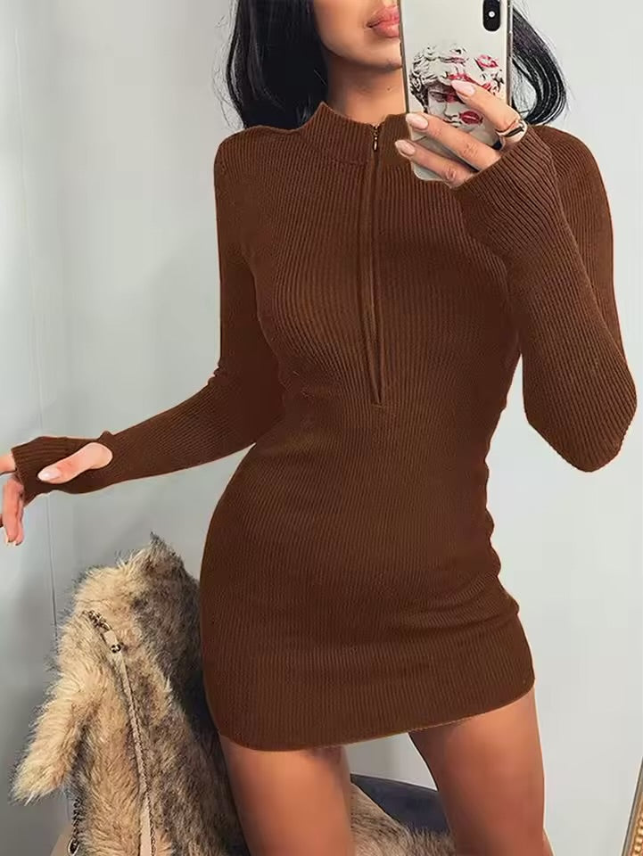 Vestido feminino sexy de manga comprida, cor sólida, com decote com zíper, corte justo, saia justa
