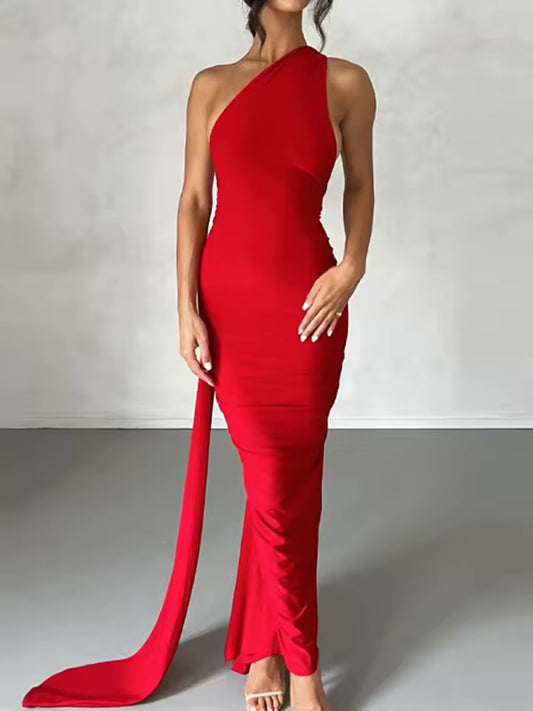 201 Mulheres de um ombro sem mangas sem costas Ruched Bodycon Maxi Vestidos, Neon Y2K Roupas, Clube, Festa de aniversário, Noite, Formatura