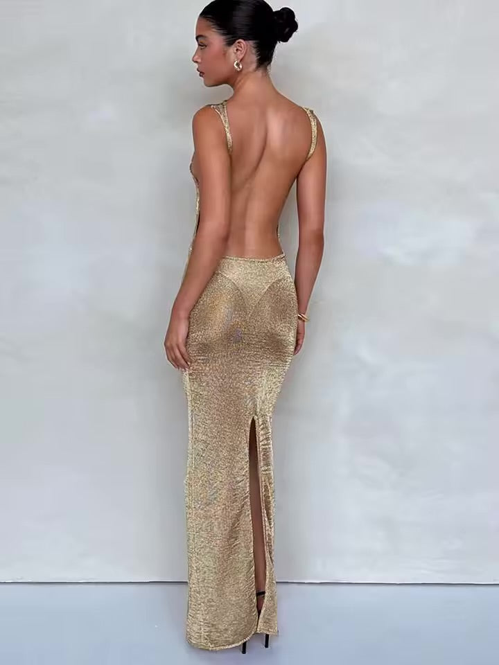 Vestido Bodycon Glitter Sparklike para mulheres, vestido maxi longo, perspectiva sem encosto, vestidos de festa sexy boate, Bodycon fino, verão, 2025