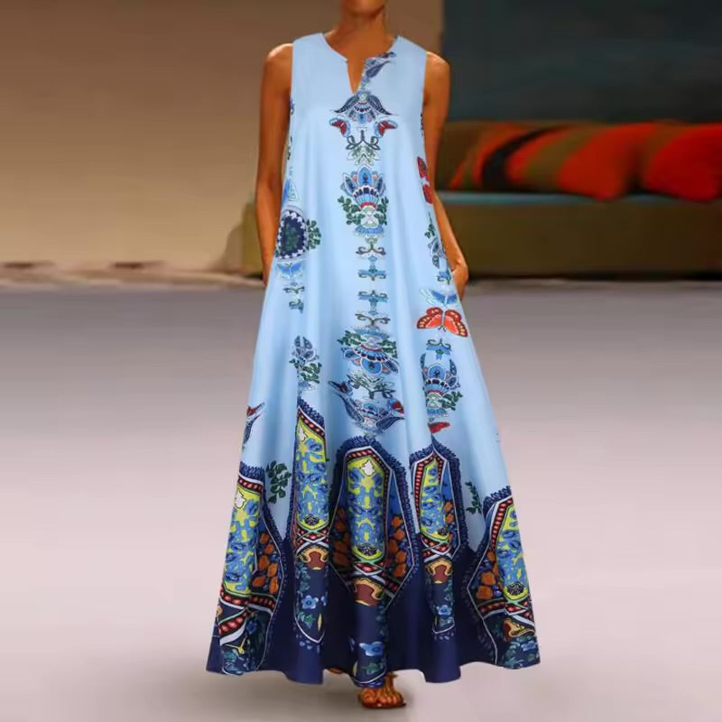 Vestido estampado vintage feminino, sem mangas, decote em v, vestido de verão solto, tanque feminino, vestidos maxi, senhoras, longo, sexy, verão, 2022