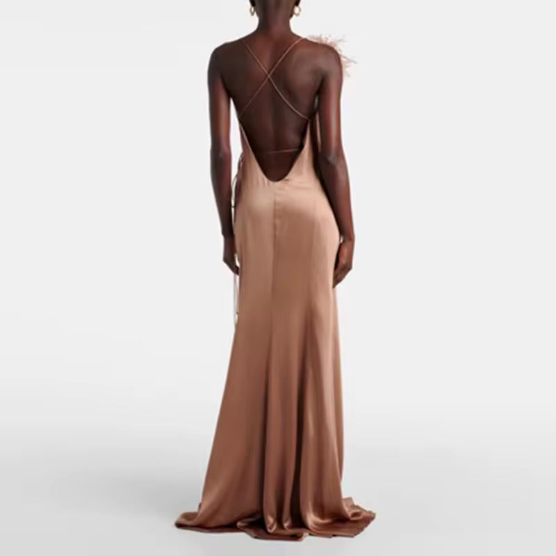 Vestido Longo Feminino de Cetim com Decote V e Cintura Envolvente, Fenda Alta, Costas Nuas e Vazado, Estilo Chique para Festa, Primavera e Verão