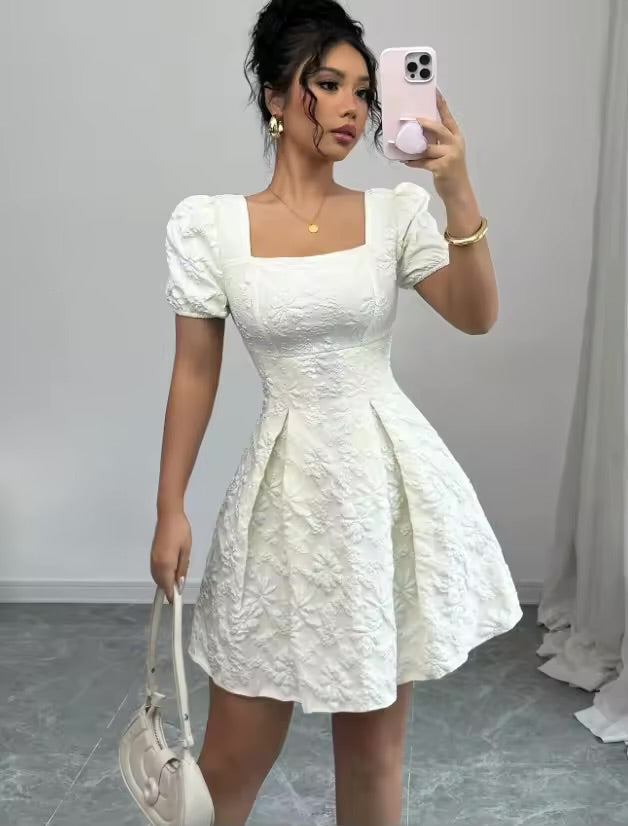 Vestidos boho mujer verano verão quadrado pescoço manga curta a linha vestido feminino escritório viajando versátil praia férias vestido