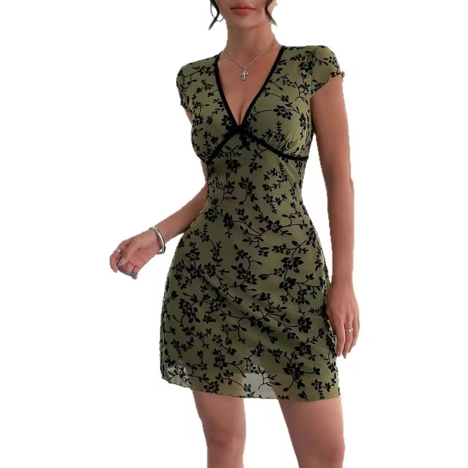 Vestido casual de verão verde floral profundo decote em V vestido arco viajando moda saia curta para mulheres