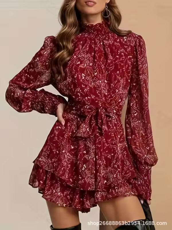 Mangas compridas vestido vestidos 2025 mulher vestido feminino floral impressão magro francês elegante doce temperamento deslocamento