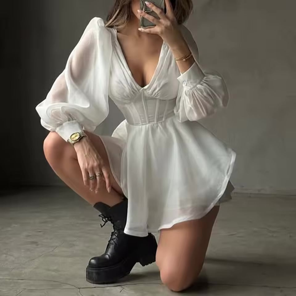 Twotwinstyle sólido emagrecimento moda vestidos para mulheres com decote em v mangas compridas retalhos babados temperamento vestido roupas femininas