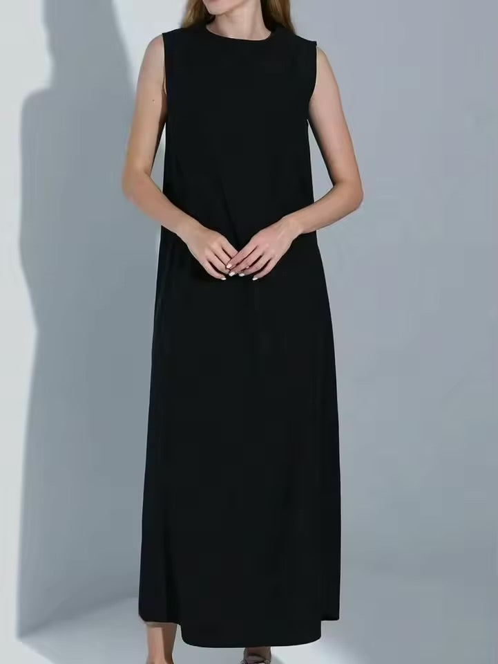 Vestido branco casual simples colete vestido solto em torno do pescoço drapeado saia reta
