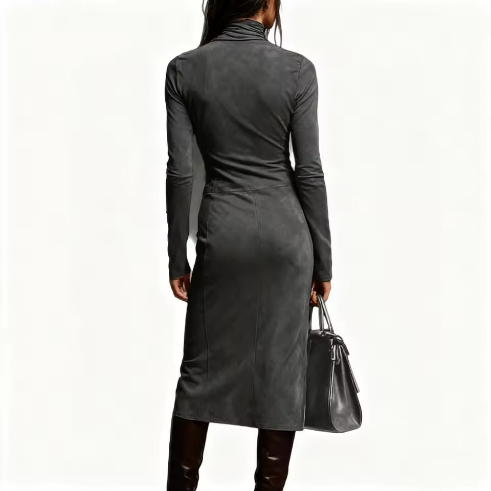 Vestido Midi de Veludo com Gola Alta, Manga Longa, Cor Sólida, Estilo Casual Chic, Ajuste Slim, Vestido de Moda para Saídas