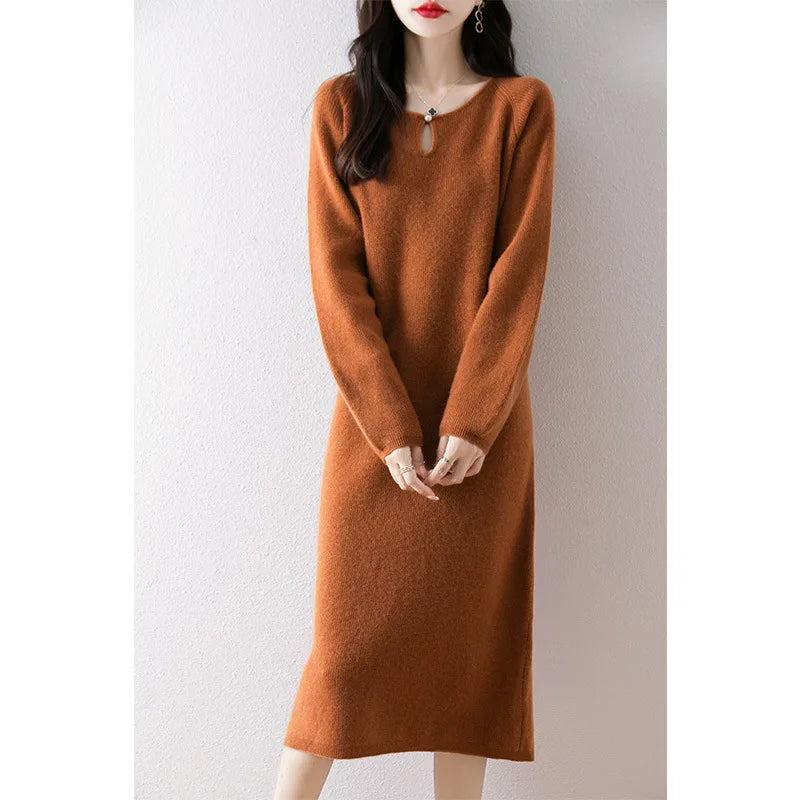 Vestidos Mujer Solid O Neck Autumn Winter Thick Knitted Women Dresses Korean Fashion Versatile Warm Long Dress