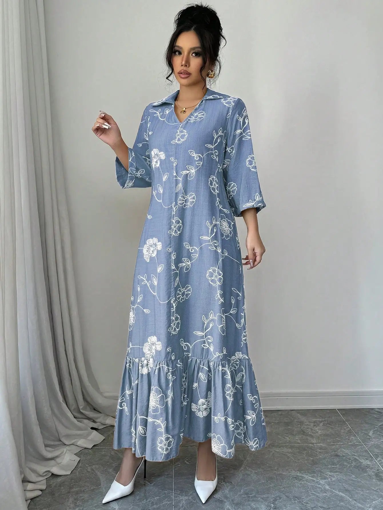 Elegant Floral Embroidered Long Shirt Dress For Women