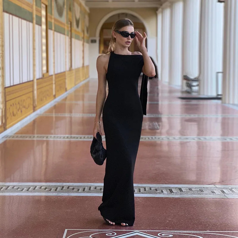 2025 Summer New Women Single Shoulder Strap Sexy Long Dresses Sleeveless Lady Elegant Simple Women's Clothing Maxi Slim Dress