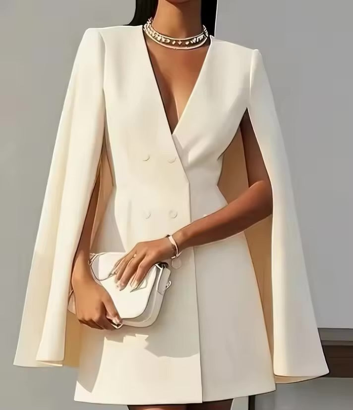 Vestidos femininos 2025 primavera outono novo deslocamento duplo breasted xale capa cor sólida com decote