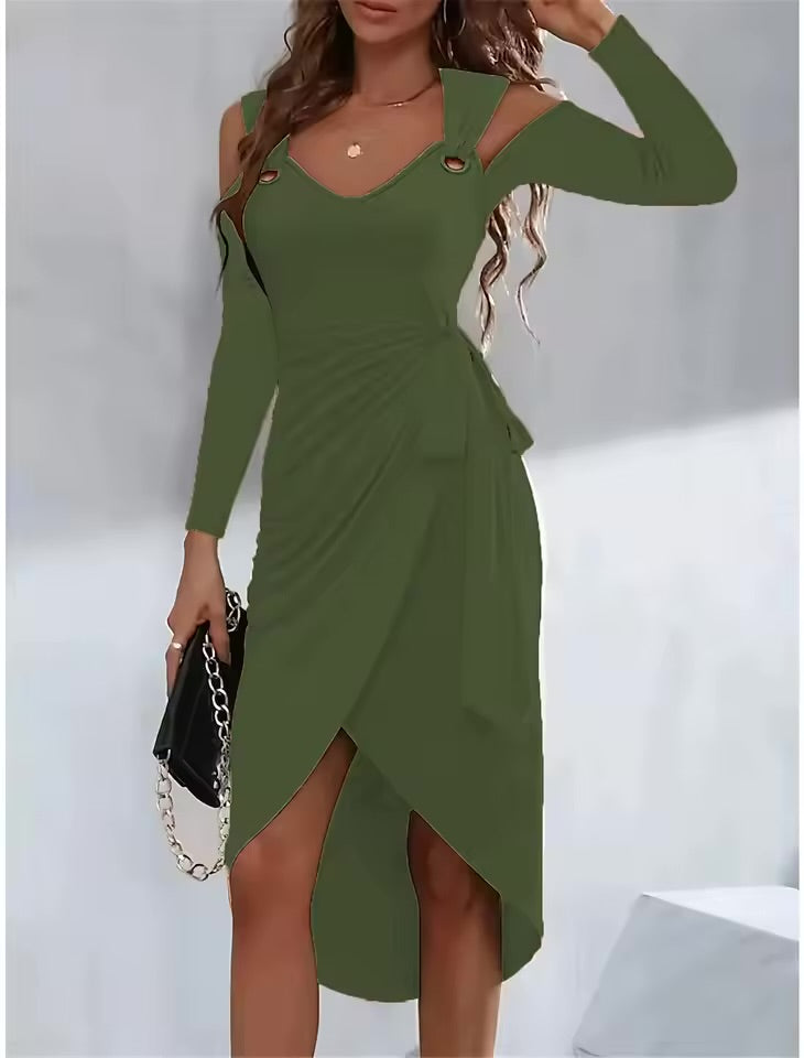 Vestido sem mangas feminino com detalhe de ilhós, decote em v, pregas na cintura, fenda irregular, vestido Midi, casual,🇵🇹