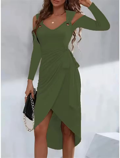Vestido sem mangas feminino com detalhe de ilhós, decote em v, pregas na cintura, fenda irregular, vestido Midi, casual,🇵🇹