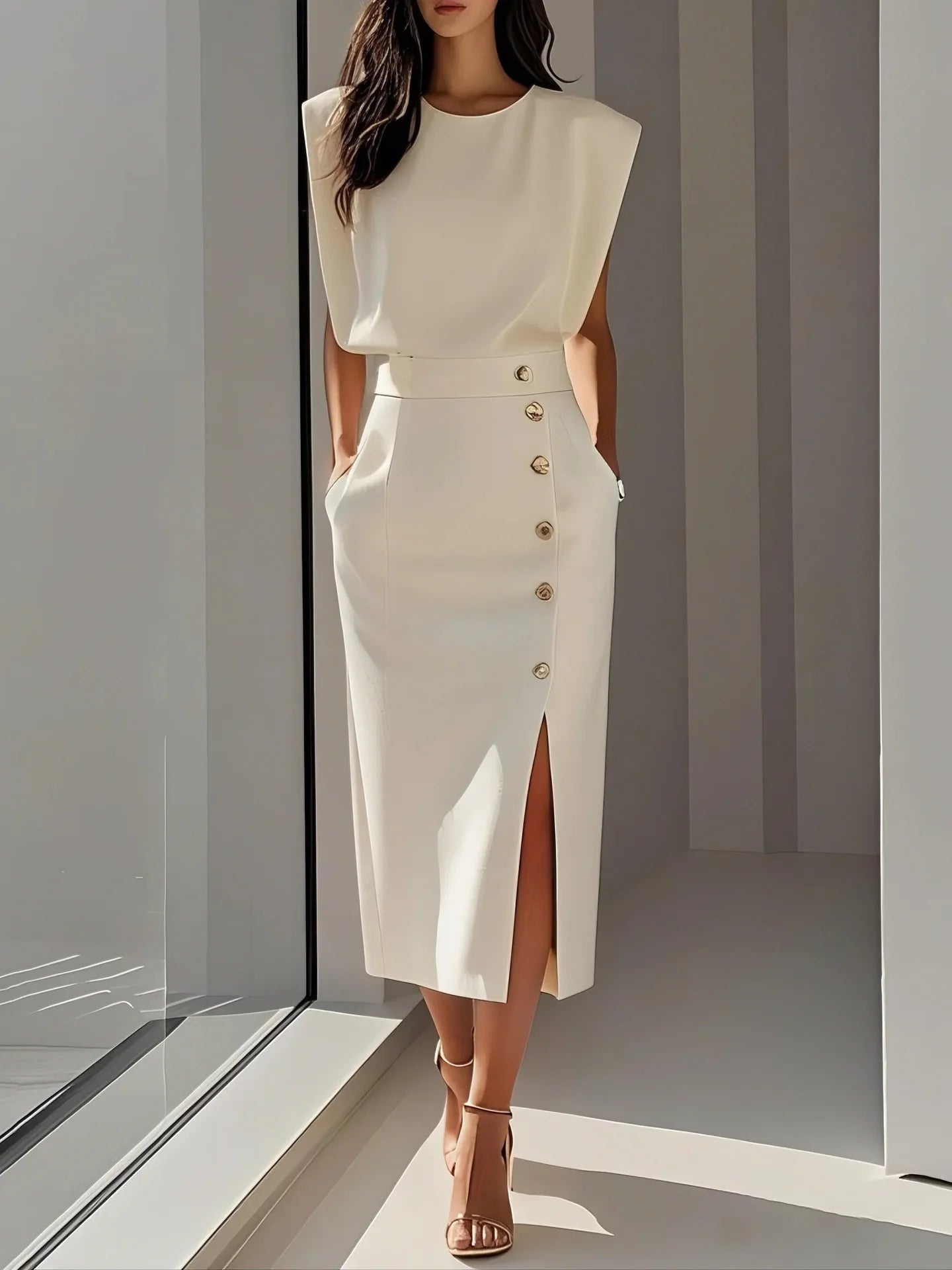 Moda feminina vestido regata elegante único breasted sólido casual tendência bolsos vestido midi reto para mulher 2025