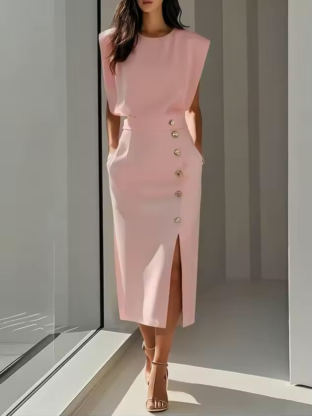 Moda feminina vestido regata elegante único breasted sólido casual tendência bolsos vestido midi reto para mulher 2025