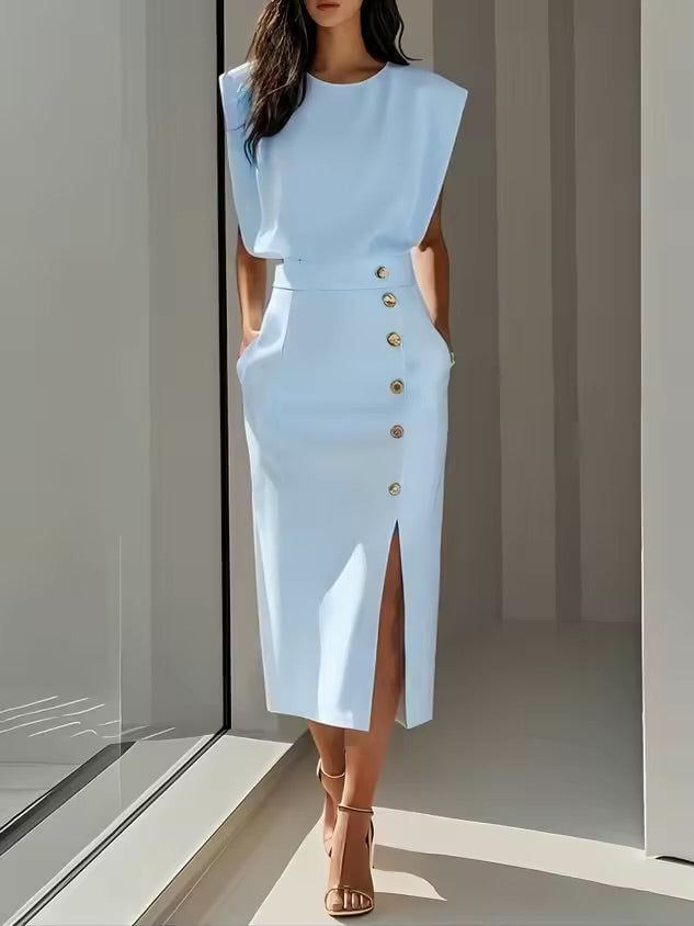 Moda feminina vestido regata elegante único breasted sólido casual tendência bolsos vestido midi reto para mulher 2025