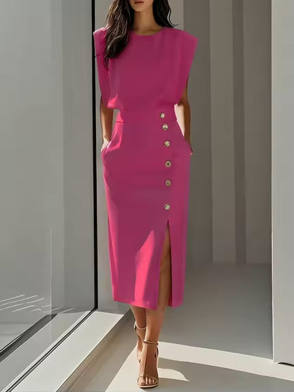 Moda feminina vestido regata elegante único breasted sólido casual tendência bolsos vestido midi reto para mulher 2025