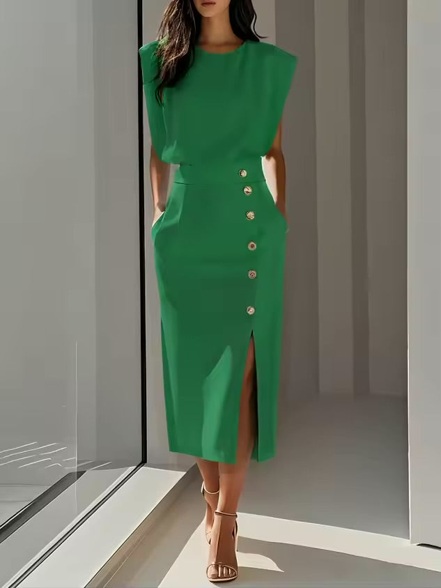 Moda feminina vestido regata elegante único breasted sólido casual tendência bolsos vestido midi reto para mulher 2025