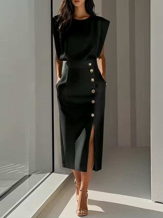 Moda feminina vestido regata elegante único breasted sólido casual tendência bolsos vestido midi reto para mulher 2025