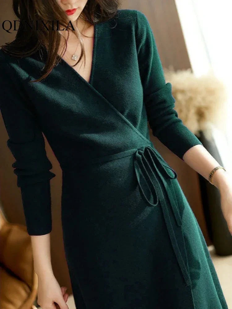 Outono inverno camisola das mulheres vestidos com decote em v envoltório vestido para mulher roupas versão coreana♥️
