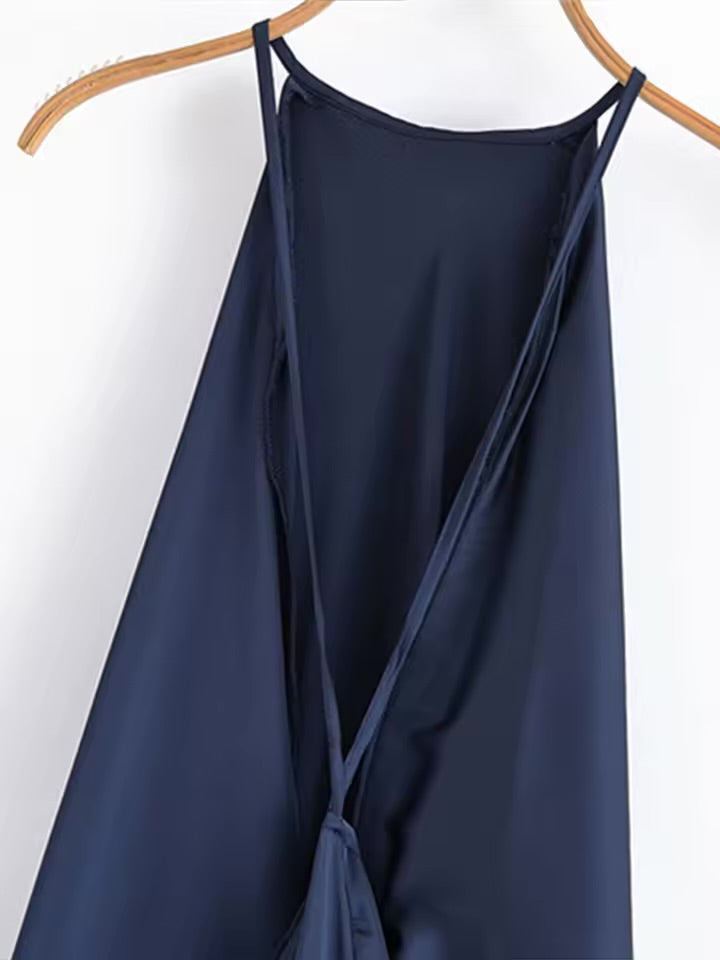 Elegante cetim halter sem costas maxi vestido feminino solto plissado o pescoço sem mangas vestidos de festa 2025 verão