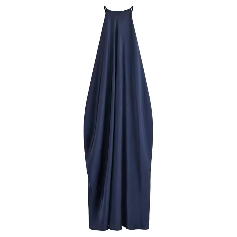 Elegante cetim halter sem costas maxi vestido feminino solto plissado o pescoço sem mangas vestidos de festa 2025 verão
