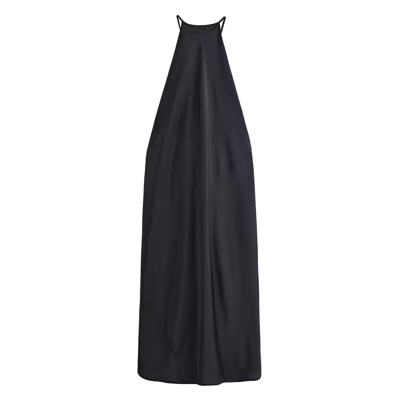 Elegante cetim halter sem costas maxi vestido feminino solto plissado o pescoço sem mangas vestidos de festa 2025 verão