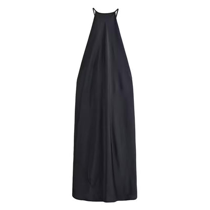 Elegante cetim halter sem costas maxi vestido feminino solto plissado o pescoço sem mangas vestidos de festa 2025 verão