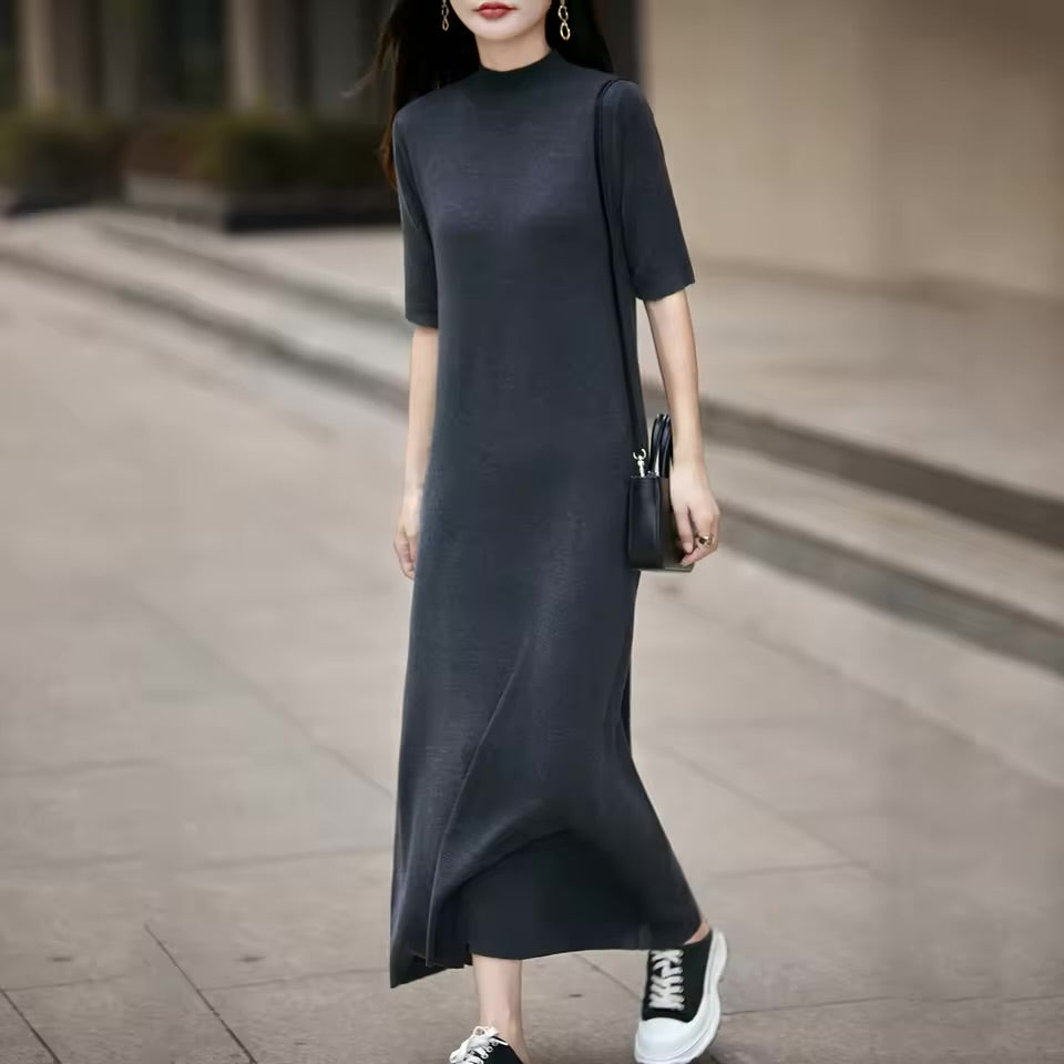 Vestido Longo de Lã 100% com Manga Três Quartos e Gola Alta, Vestido Tricotado em Cor Sólida para Mulheres, Vestido!!