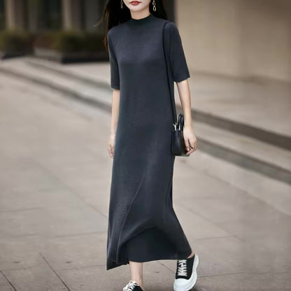 Vestido Longo de Lã 100% com Manga Três Quartos e Gola Alta, Vestido Tricotado em Cor Sólida para Mulheres, Vestido!!