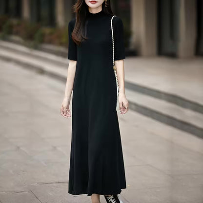 Vestido Longo de Lã 100% com Manga Três Quartos e Gola Alta, Vestido Tricotado em Cor Sólida para Mulheres, Vestido!!
