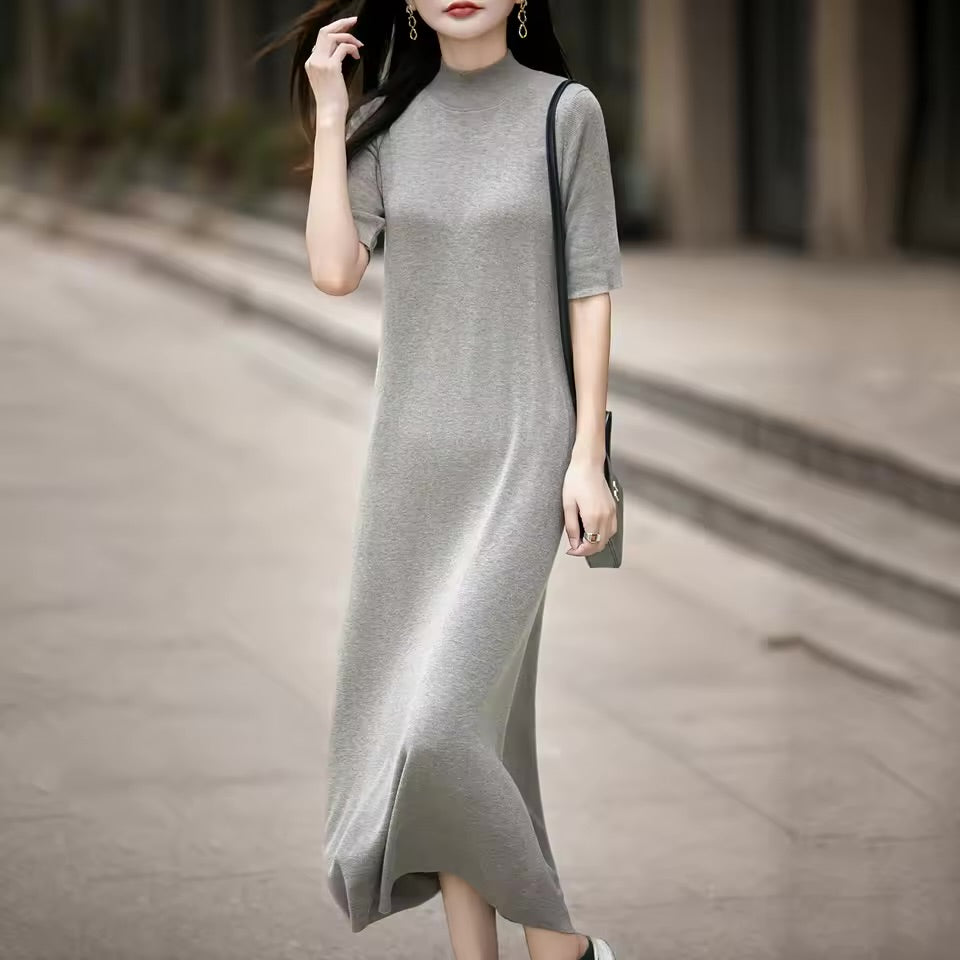 Vestido Longo de Lã 100% com Manga Três Quartos e Gola Alta, Vestido Tricotado em Cor Sólida para Mulheres, Vestido!!