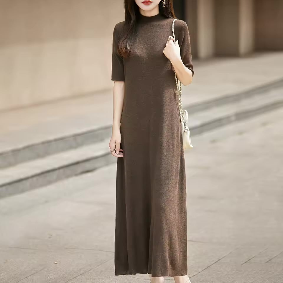 Vestido Longo de Lã 100% com Manga Três Quartos e Gola Alta, Vestido Tricotado em Cor Sólida para Mulheres, Vestido!!