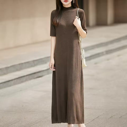 Vestido Longo de Lã 100% com Manga Três Quartos e Gola Alta, Vestido Tricotado em Cor Sólida para Mulheres, Vestido!!