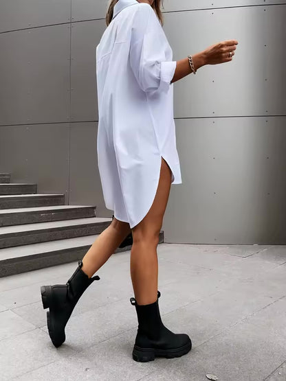 Vestido feminino de camisa com botão frontal de cor sólida – vestido casual de lapela de manga comprida para primavera