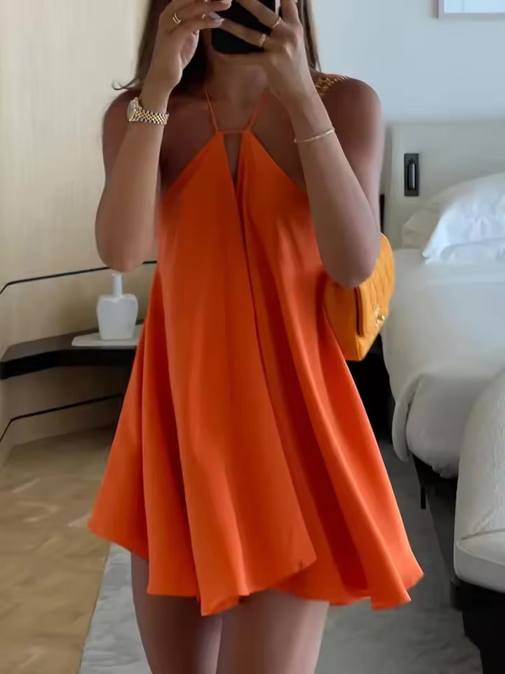Vestido Mini de Chiffon Sólido com Decote Halter para Mulheres, Sexy, com Costas Abertas e Detalhes em Renda!!