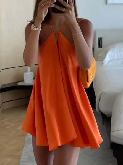 Vestido Mini de Chiffon Sólido com Decote Halter para Mulheres, Sexy, com Costas Abertas e Detalhes em Renda!!