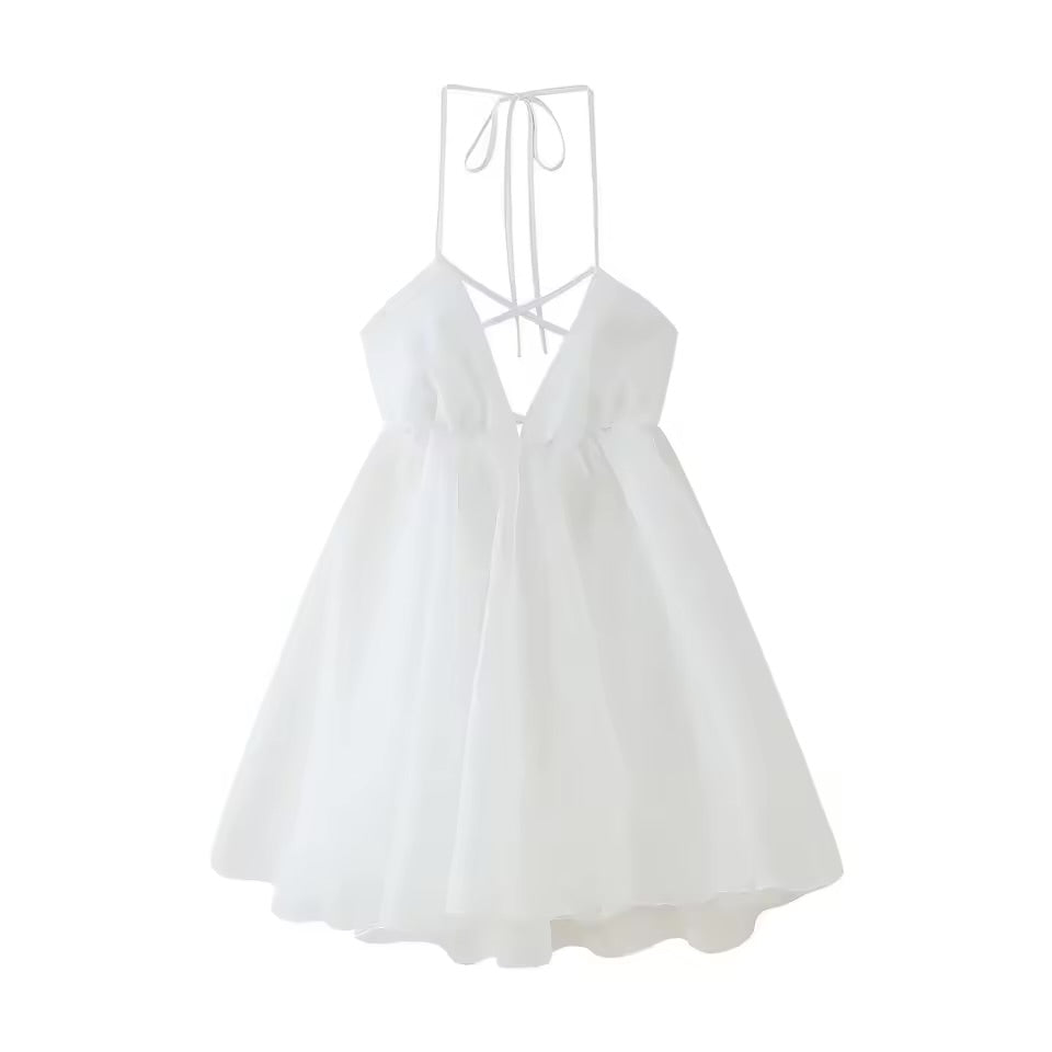 Vestido Mini Sem Mangas Estilo Halter para Mulheres, Sexy, Costas Descobertas, Ombros à Mostra, Vestido Mini A-line 2026 para Férias na Praia