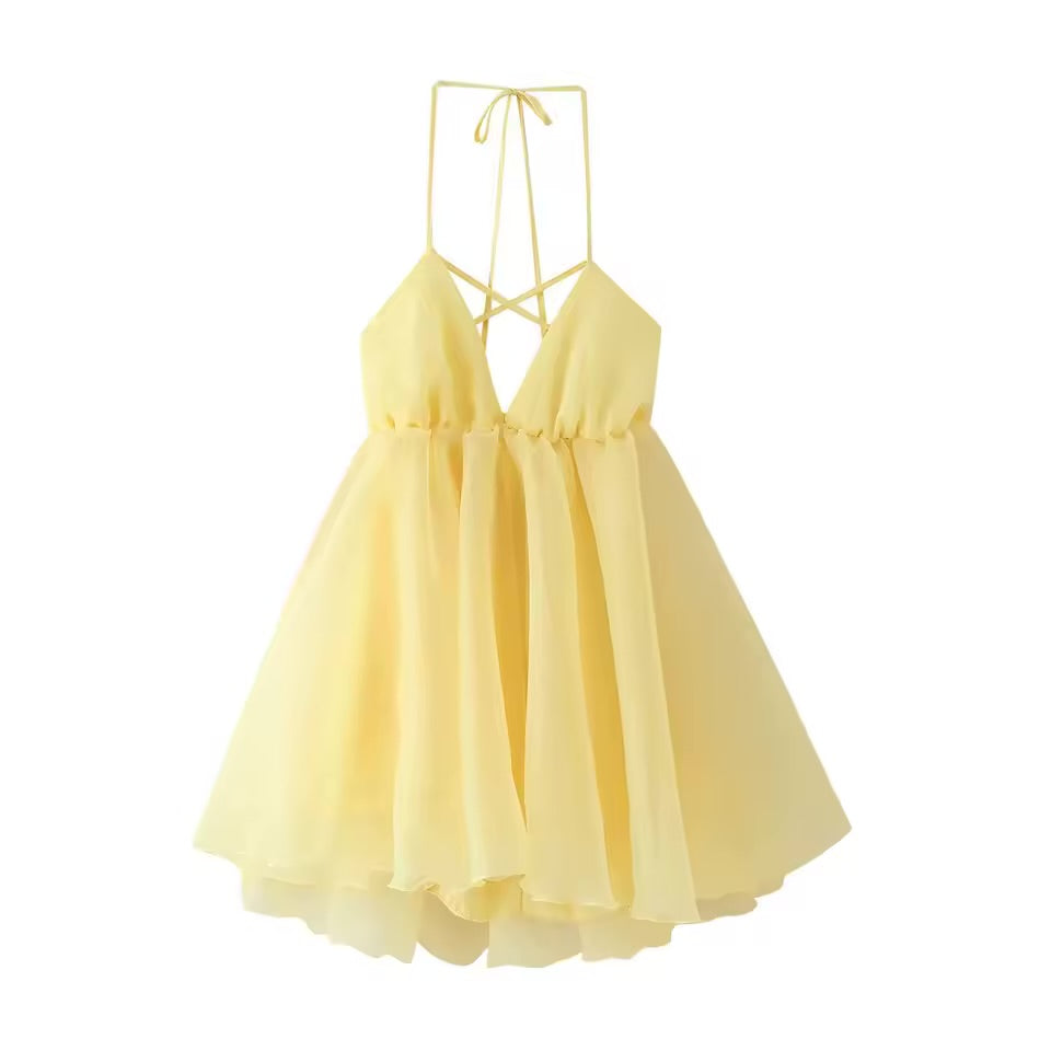 Vestido Mini Sem Mangas Estilo Halter para Mulheres, Sexy, Costas Descobertas, Ombros à Mostra, Vestido Mini A-line 2026 para Férias na Praia