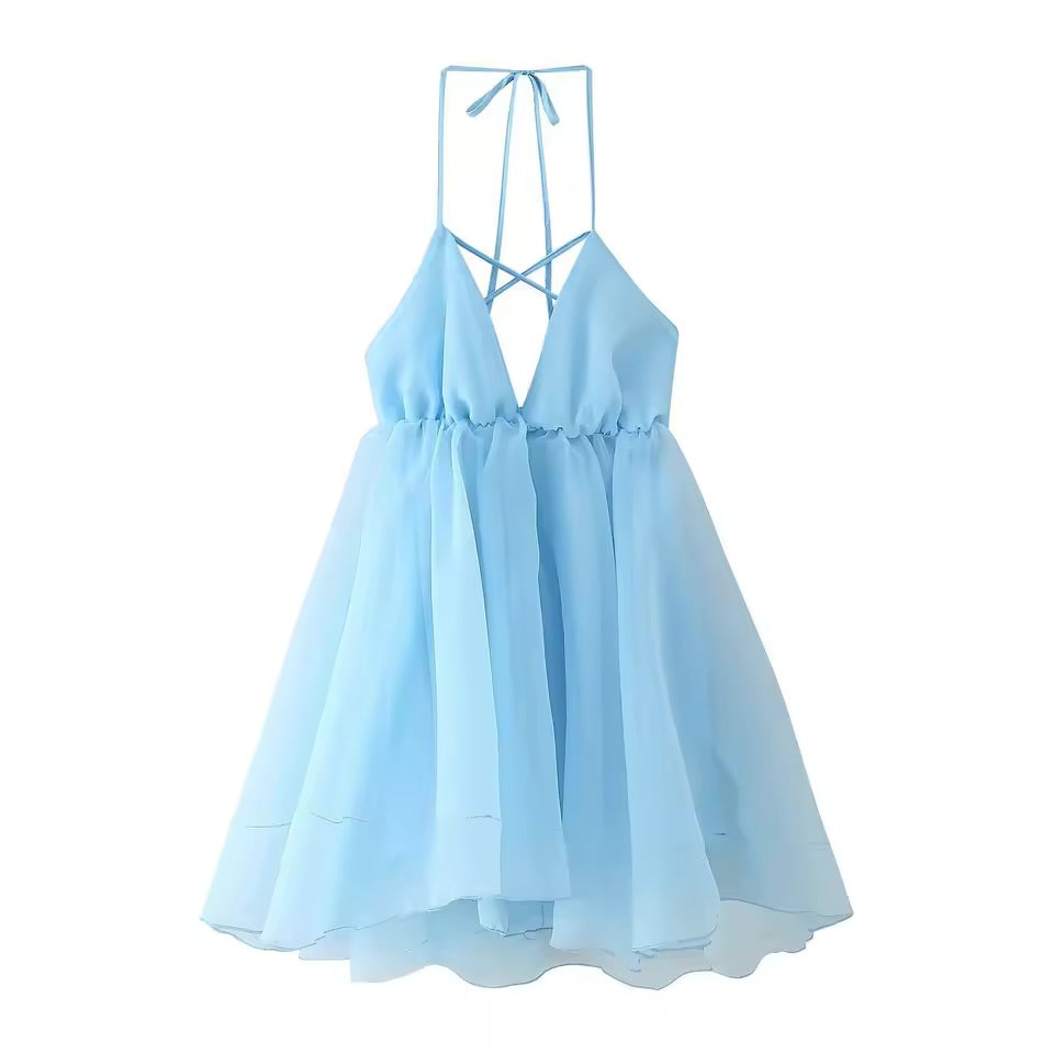 Vestido Mini Sem Mangas Estilo Halter para Mulheres, Sexy, Costas Descobertas, Ombros à Mostra, Vestido Mini A-line 2026 para Férias na Praia