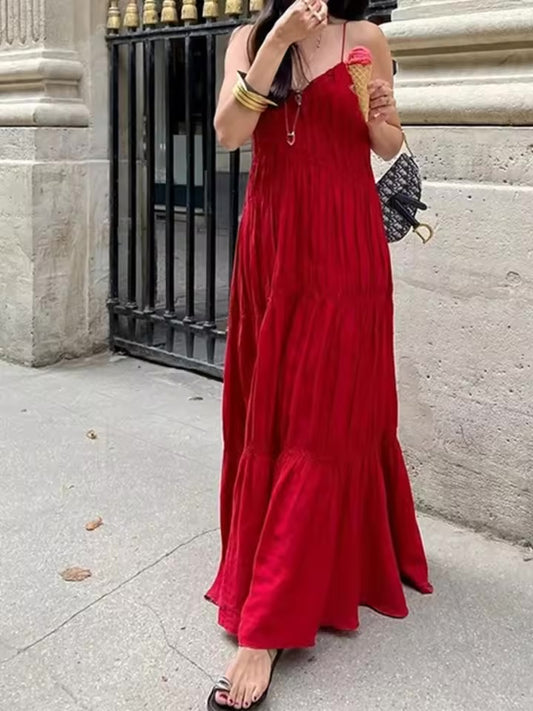 Vestidos femininos elegantes verão sem mangas com decote em v cintura alta vestido longo sem costas solto plissado
