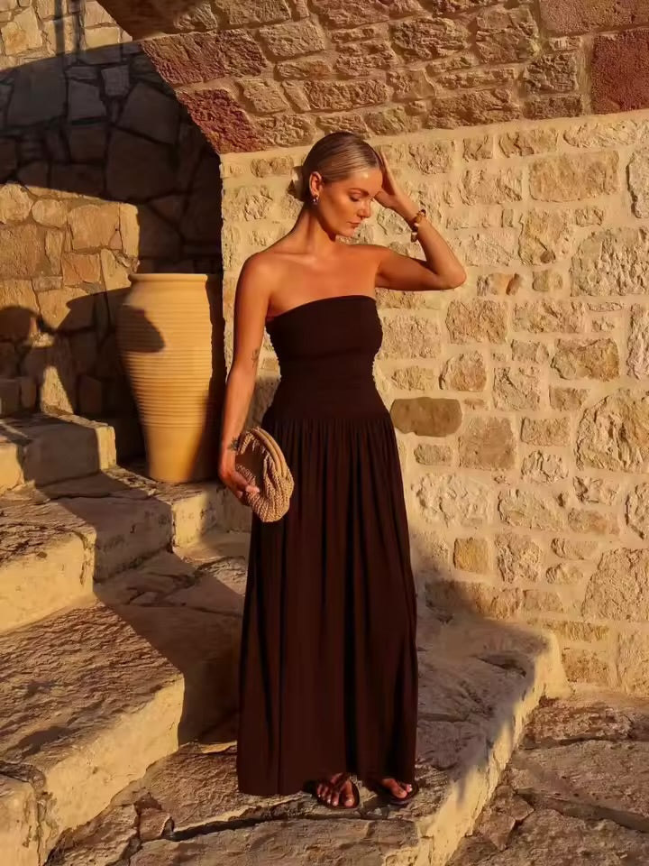 ETJ 2025 novo vestido feminino elegante sexy fora do ombro moda pregas detalhes emagrecimento vestido sem alças.